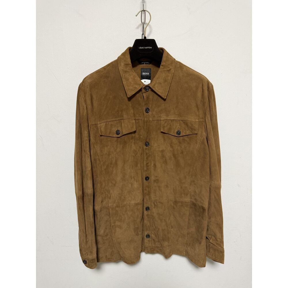 Vintage Hugo Boss Jacket Mens 44 Brown Goat Suede Military Shirt OUNEST-N Y2K
